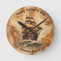 Vintage Sepia Nautical Map and Sailing Ship Round Clock