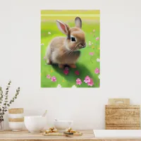 Cute baby rabbit in a flower meadow  poster