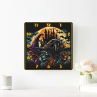 Three witches gather under a glowing full moon square wall clock