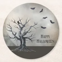 Spooky Halloween Tree with Raven and Bats Round Paper Coaster