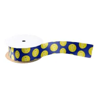 Pickleball Yellow Balls Pattern on Blue Satin Ribbon