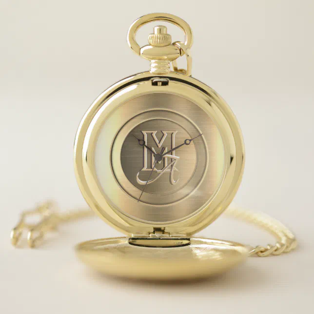 Metallic Gold Steel Engraved Monogram Pocket Watch