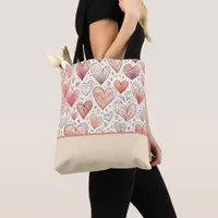 Pink Heart Doodles Valentine's Day Color Block Tote Bag