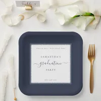 Navy Blue Glitter Frame Name Year Graduation Party Paper Plates