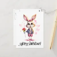 Adorable Funny Cute Valentine Rabbit Pink Flowers Postcard