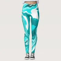Teal, Turquoise and White Marble   Leggings