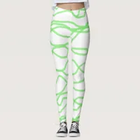 White and Lime Green Squiggly Abstract Leggings