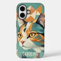 Boho retro abstract cat portrait orange green iPhone 16 case