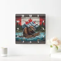 Beaver by Mountain, Canadian Flag Square Wall Clock