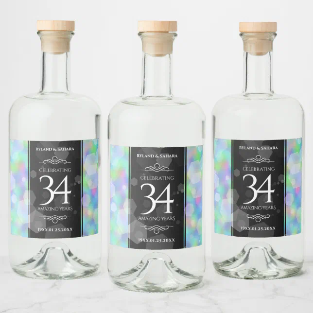 Elegant 34th Opal Wedding Anniversary Celebration Liquor Bottle Label