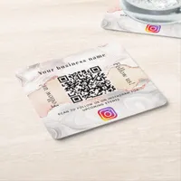 Rose gold agate marble business qr code instagram square paper coaster