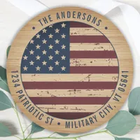Rustic American Flag Patriotic Return Address Classic Round Sticker