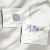 Dusty Blue Florals QR Code Blue Writing Wedding Save The Date