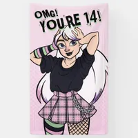 Teen Girl Pink Cartoon Punk 14th Birthday Banner