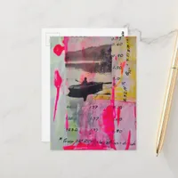 A Retro Boat Mixed Media Collage Pink Yellow Postcard