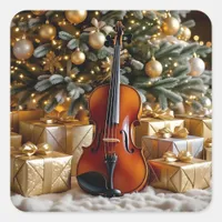 Golden Christmas Tree, Gifts and Violin Square Sticker