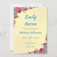 Yellow Coral Rose Boho Floral Watercolor Wedding Invitation