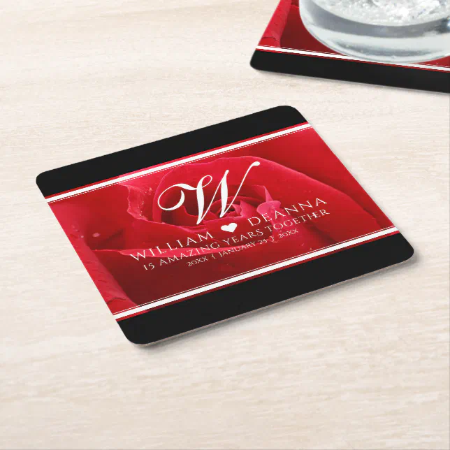 Elegant 15th 26th Rose Wedding Anniversary Square Paper Coaster