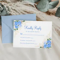 Blue Watercolor Floral Gold Wedding RSVP Card