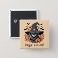 Black Cat in Witch Hat Halloween Button