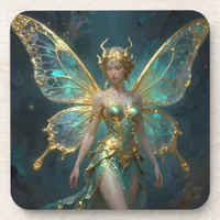 Enchanted Fairy in Gold and Turquoise  Beverage Coaster