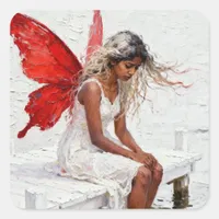 Fairy Sitting on a Dock With Her Feet in the Water Square Sticker