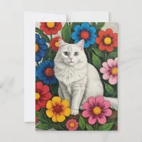 Fluffy White Cat and Folk Art Flowers Postcard