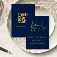 Elegant Navy Blue Gold QR Code Wedding Details Enclosure Card