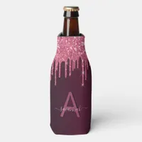 Burgundy glitter drips monogram bottle cooler