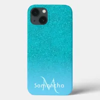 Teal blue green glitter monogram name iPhone 13 case