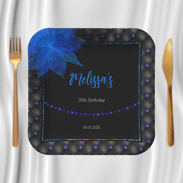 Elegant Black and Blue Birthday  Paper Plates