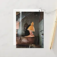 Surreal woman in rustic copper bathtub collage postcard