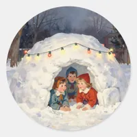 Vintage Children in Snow Fort Classic Round Sticker
