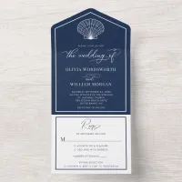 Navy Blue Beach Seashell Coastal Wedding All In One Invitation