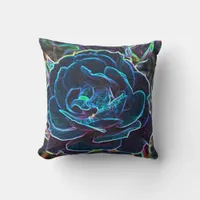 Swirly Blue Neon Rose Throw Pillow