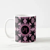 Pretty Pink Black Floral Leaves Filigree Monogram  Coffee Mug