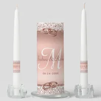 Elegant Rose Gold Glam Glitter Monogram Wedding Unity Candle Set