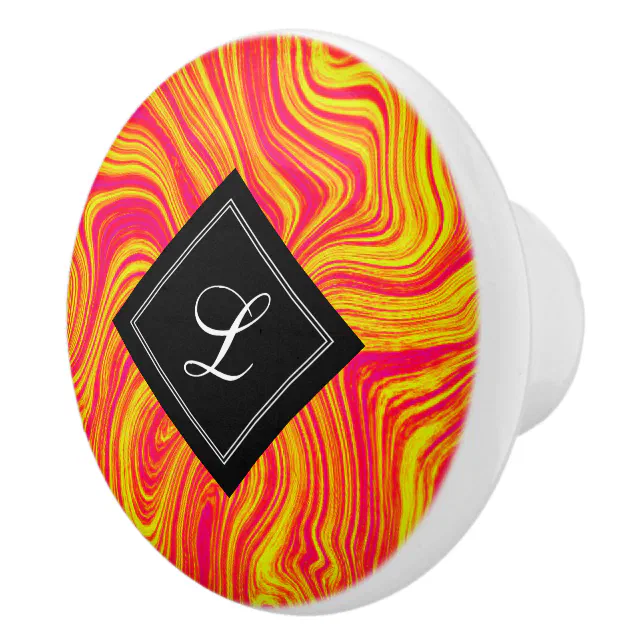 Abstract Modern Red Yellow Liquid Marble Ceramic Knob