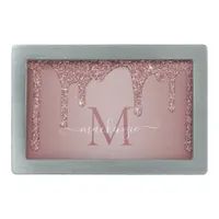 Girly Rose Gold Sparkle Glitter Drips Monogram Belt Buckle