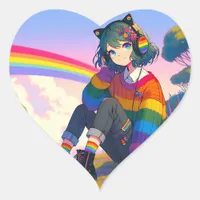 LGBTQIA+ Anime Girl Lesbian Pride  Heart Sticker