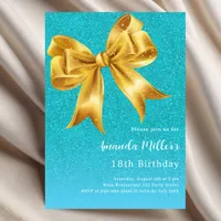 Teal gold bow glitter birthday invitation