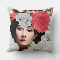 Vintage Women Floral Paper Collage Art Throw Pillow