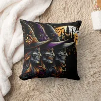 Three witches cast spells on Halloween night Throw Pillow