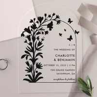 Black Botanical Butterfly Arched Wedding Acrylic Invitations