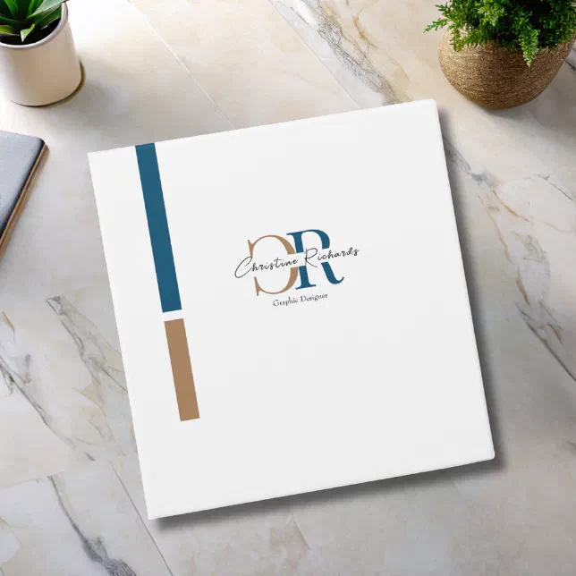 Simple Modern Blue Gold Monogram 3 Ring Binder