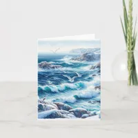 Serene Winter Watercolor Coastal Seascape Blank Note Card