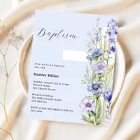 Blue florals cross boy Baptism invitation