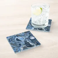 Blue, White and Gold Swirls Fluid Art   Glass Coaster