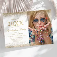 Modern Gold Glitter On White Photo Graduation Invitation