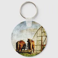 Two Horses Ready For Work Keychain